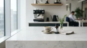 Surface en pierre naturelle élégante, protection contre les taches visible, ambiance professionnelle, lumière douce, nettoyage soigné, rendu réaliste et moderne.