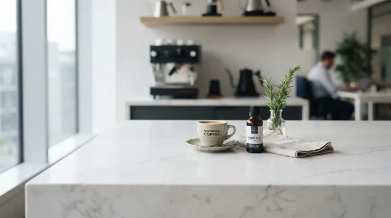 Surface en pierre naturelle élégante, protection contre les taches visible, ambiance professionnelle, lumière douce, nettoyage soigné, rendu réaliste et moderne.