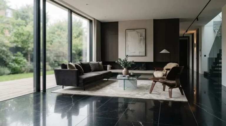 Intérieur moderne élégant avec sol en granit noir profond poli, lumière naturelle douce, ambiance luxueuse, lignes épurées et minimalistes.