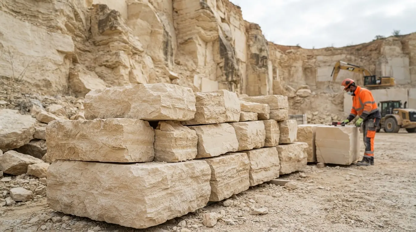 Gros plan réaliste d’une carrière de calcaire beige, blocs taillés et textures naturelles, ambiance professionnelle, lumière douce, composition éditoriale.