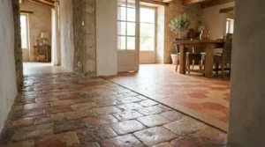 Intérieur lumineux avec tomettes anciennes en terre cuite, une partie usée et une partie rénovée, ambiance authentique, réaliste et professionnelle.