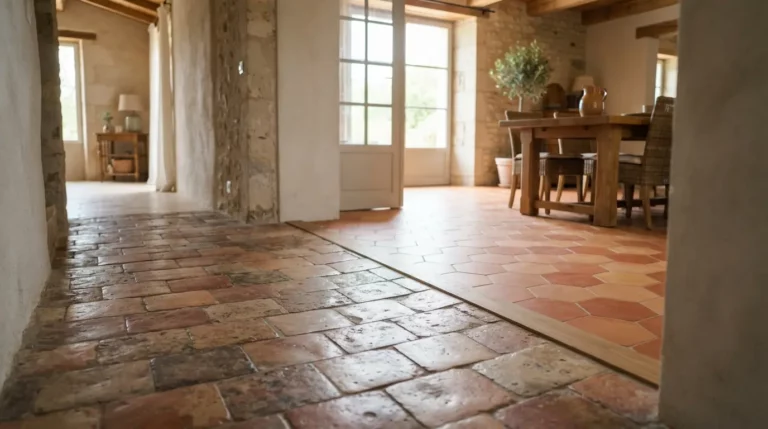 Intérieur lumineux avec tomettes anciennes en terre cuite, une partie usée et une partie rénovée, ambiance authentique, réaliste et professionnelle.
