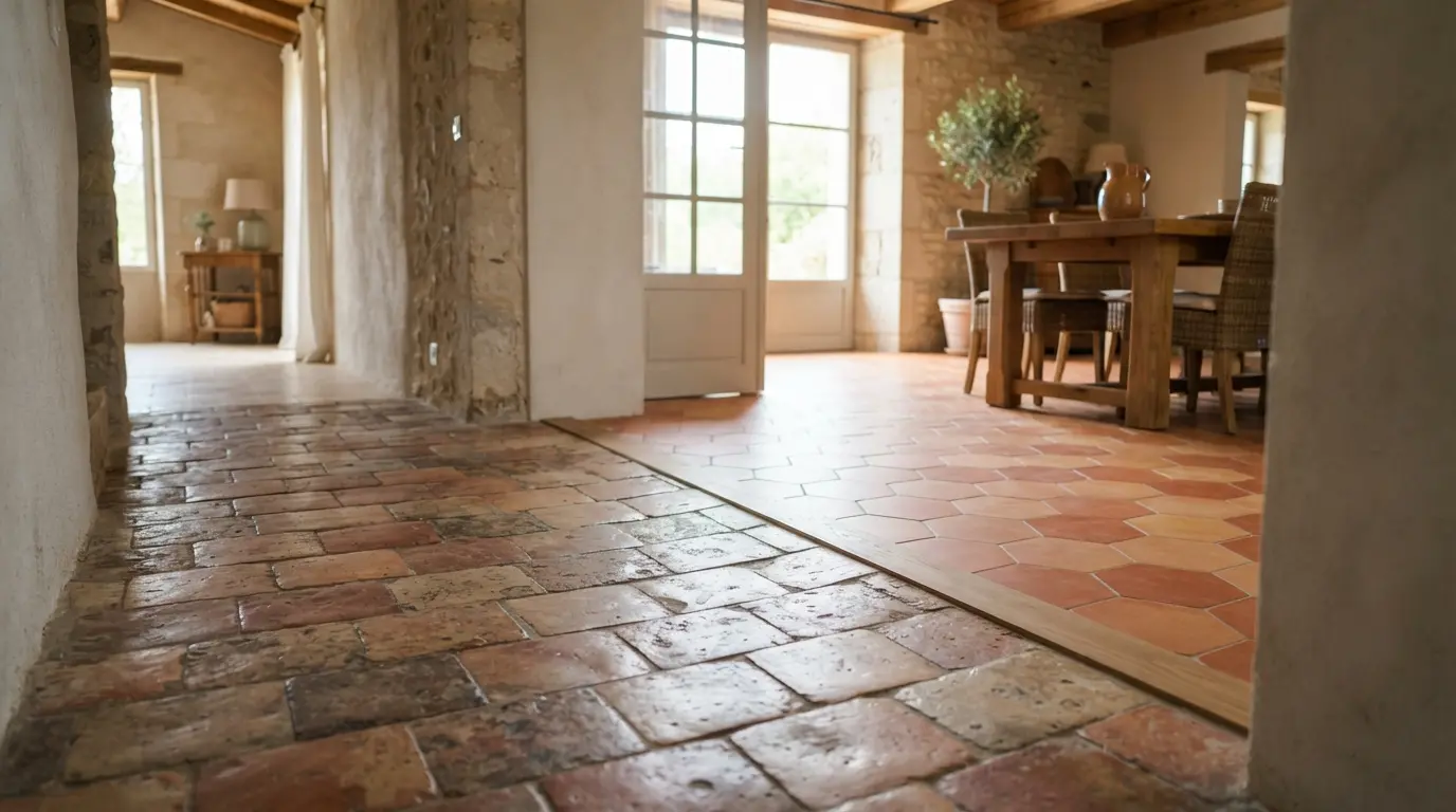 Intérieur lumineux avec tomettes anciennes en terre cuite, une partie usée et une partie rénovée, ambiance authentique, réaliste et professionnelle.