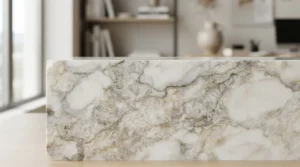 Gros plan réaliste d’une pierre naturelle marbrée avec veinage élégant, textures raffinées et lumière douce, ambiance professionnelle et décorative.