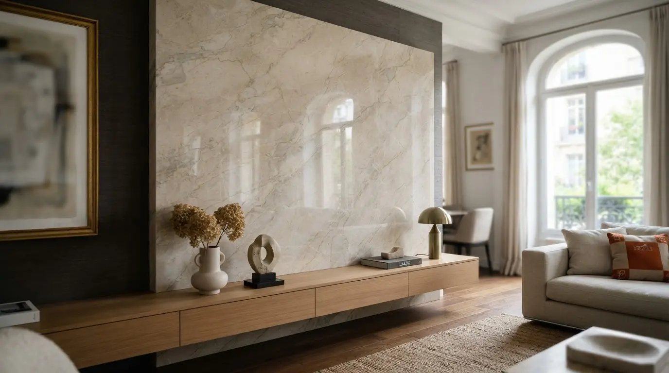Photo réaliste d’une élégante dalle de marbre beige aux veines subtiles, mise en valeur dans un intérieur raffiné et lumineux.