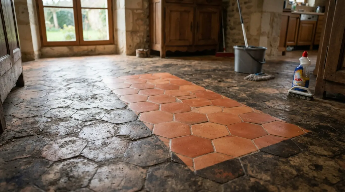 Sol en tomettes très encrassées dans une maison, avec une zone nettoyée en contraste, lumière naturelle, rendu réaliste et professionnel.