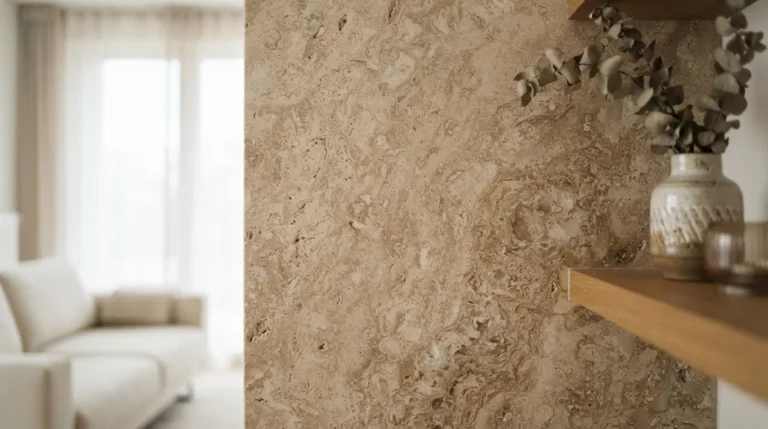 Plan rapproché d’une pierre beige élégante et résistante, texture naturelle détaillée, mise en scène lumineuse dans un intérieur moderne et raffiné.