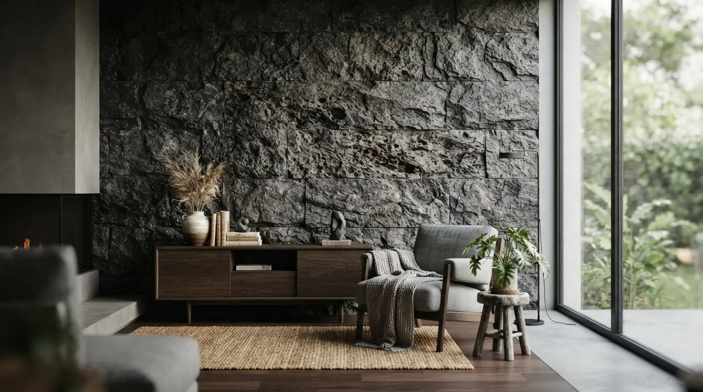 Interior basalt wall cladding with dark volcanic texture