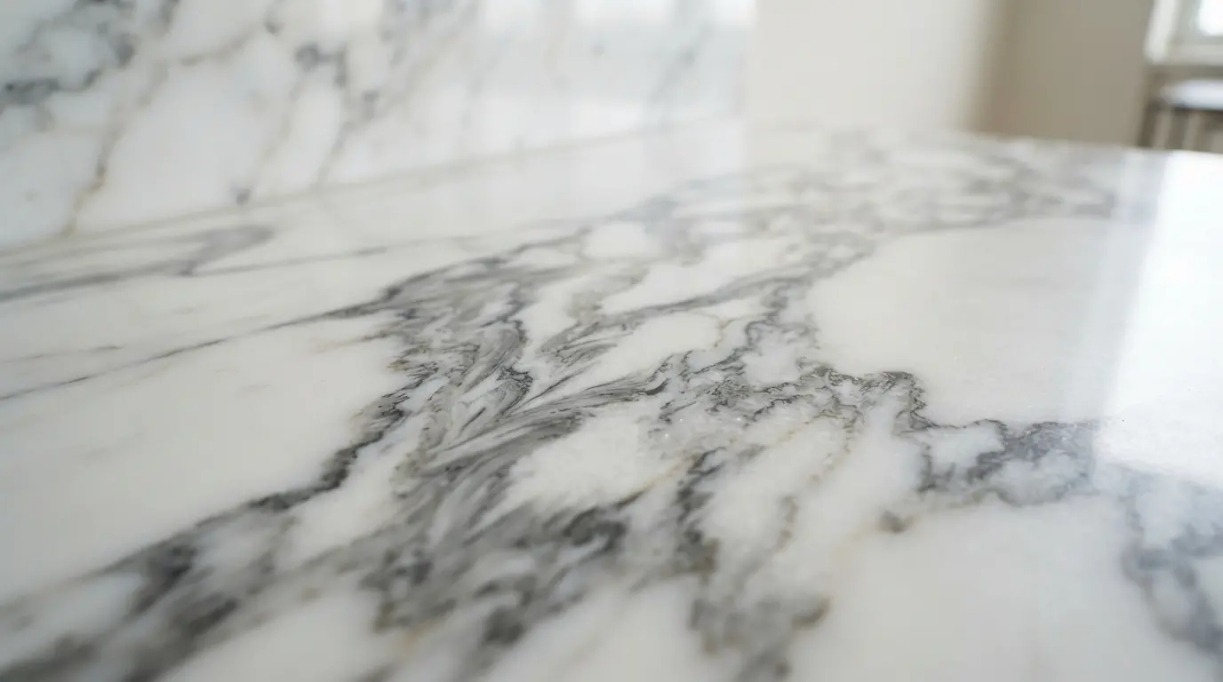 Close-up of polished marble veins with white and gray mineral patterns