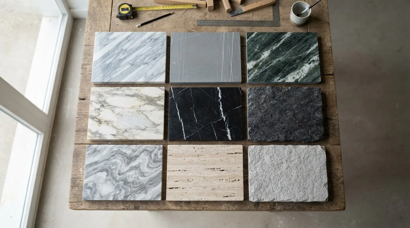 Top view of natural stone slabs showing different vein directions and finishes
