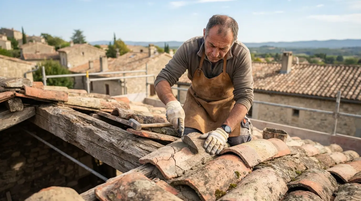 Anciennes tuiles en terre cuite en cours de restauration, artisan soignant chaque détail, ambiance lumineuse, rendu réaliste, professionnel et élégant.