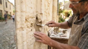Gros plan réaliste d’un artisan réparant une pierre naturelle abîmée, comblant des défauts sur une façade lumineuse et soignée.