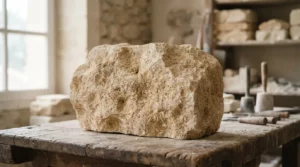 Bloc de pierre calcaire claire régionale, texture naturelle, lumière douce, ambiance minérale élégante, rendu réaliste et professionnel.