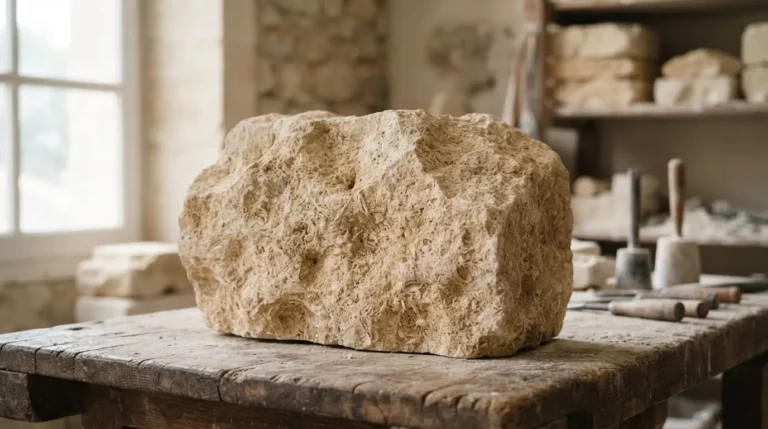 Bloc de pierre calcaire claire régionale, texture naturelle, lumière douce, ambiance minérale élégante, rendu réaliste et professionnel.