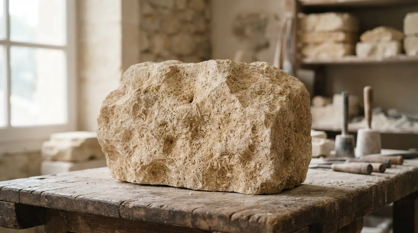 Bloc de pierre calcaire claire régionale, texture naturelle, lumière douce, ambiance minérale élégante, rendu réaliste et professionnel.