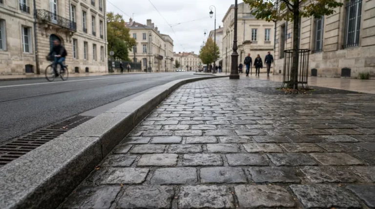 Vue réaliste d’un pavage urbain en pierre grise naturelle, robuste et élégante, avec bordures de voirie sous lumière douce.