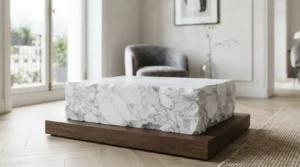 Bloc de marbre blanc veiné gris, posé dans un intérieur lumineux et élégant, ambiance haut de gamme, composition réaliste et épurée.