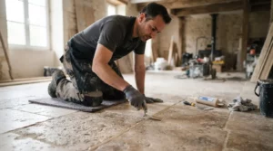 Sol en pierre naturelle en rénovation, artisan appliquant une résine de rebouchage, lumière douce, ambiance professionnelle, rendu réaliste et soigné.