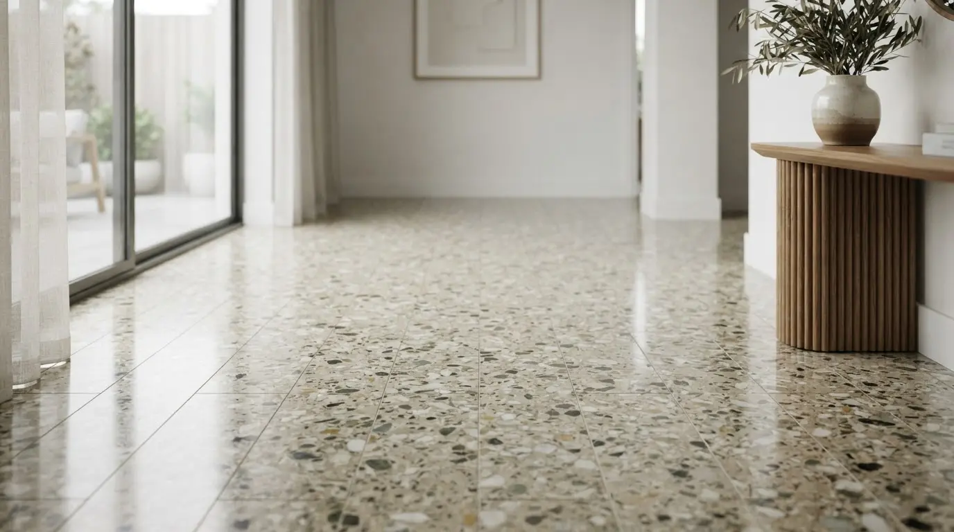 Sol en terrazzo traditionnel avec éclats de marbre et ciment, finition polie, ambiance élégante, neutre et lumineuse, réaliste.