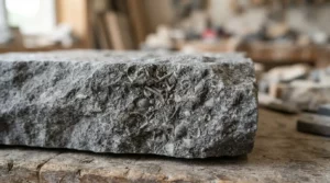 Gros plan d’une pierre calcaire belge grise, avec fossiles marins visibles, éclairage naturel, rendu réaliste et professionnel.