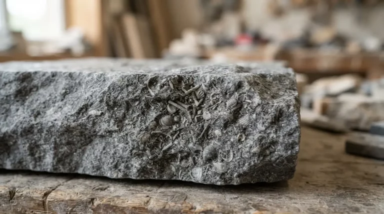 Gros plan d’une pierre calcaire belge grise, avec fossiles marins visibles, éclairage naturel, rendu réaliste et professionnel.