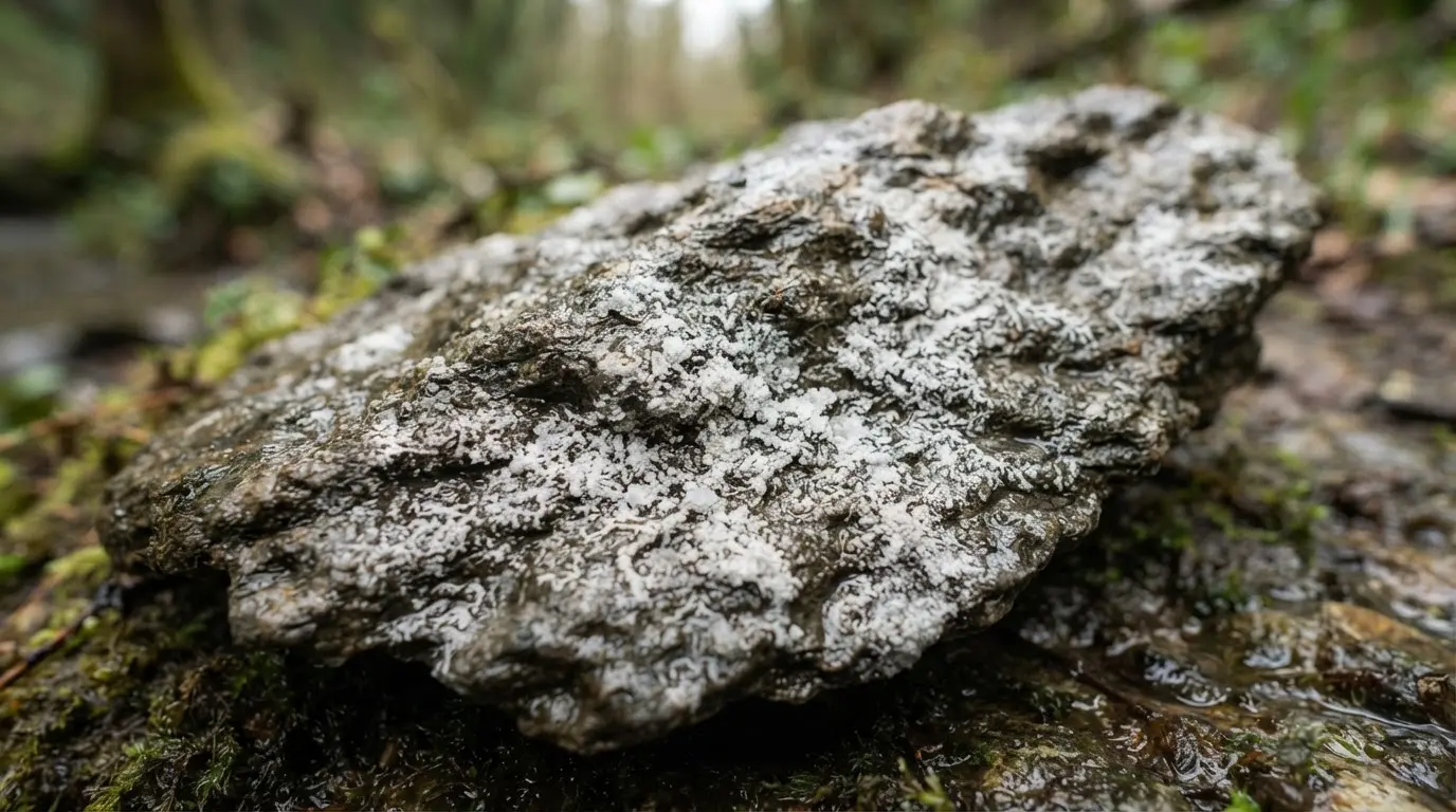 Gros plan réaliste d’une pierre naturelle humide avec dépôts blanchâtres de sels en surface, ambiance professionnelle, éclairage doux.
