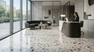 Intérieur moderne avec sol terrazzo élégant, nuances minérales, lumière naturelle, ambiance épurée, finition brillante, style contemporain et professionnel.