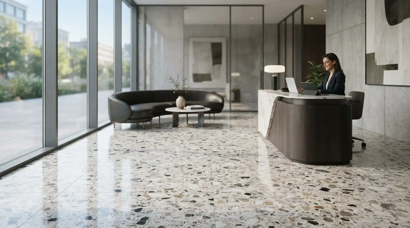 Intérieur moderne avec sol terrazzo élégant, nuances minérales, lumière naturelle, ambiance épurée, finition brillante, style contemporain et professionnel.