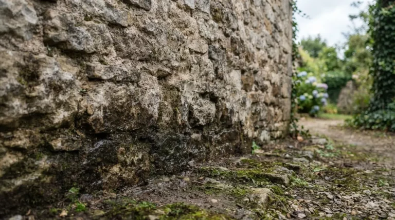 Mur en pierre ancien avec traces d’humidité remontant depuis le sol, lumière naturelle, rendu réaliste et professionnel.