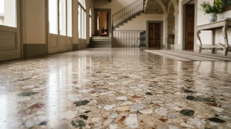 Élégant sol en terrazzo ancien poli, nuances de marbre naturel, ambiance italienne raffinée, lumière douce, rendu réaliste et haut de gamme.