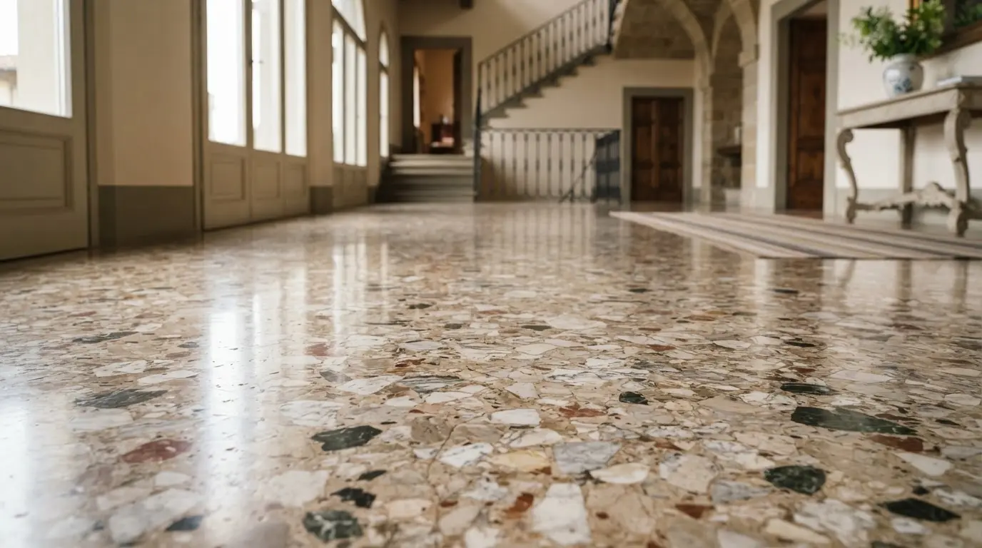 Élégant sol en terrazzo ancien poli, nuances de marbre naturel, ambiance italienne raffinée, lumière douce, rendu réaliste et haut de gamme.