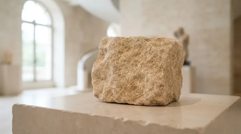 Gros plan réaliste d’une pierre calcaire beige aux nuances douces, posée dans un décor architectural élégant et lumineux.