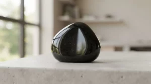 Gros plan réaliste d’une pierre naturelle polie miroir, surface brillante réfléchissant la lumière, ambiance élégante, professionnelle et minimaliste.