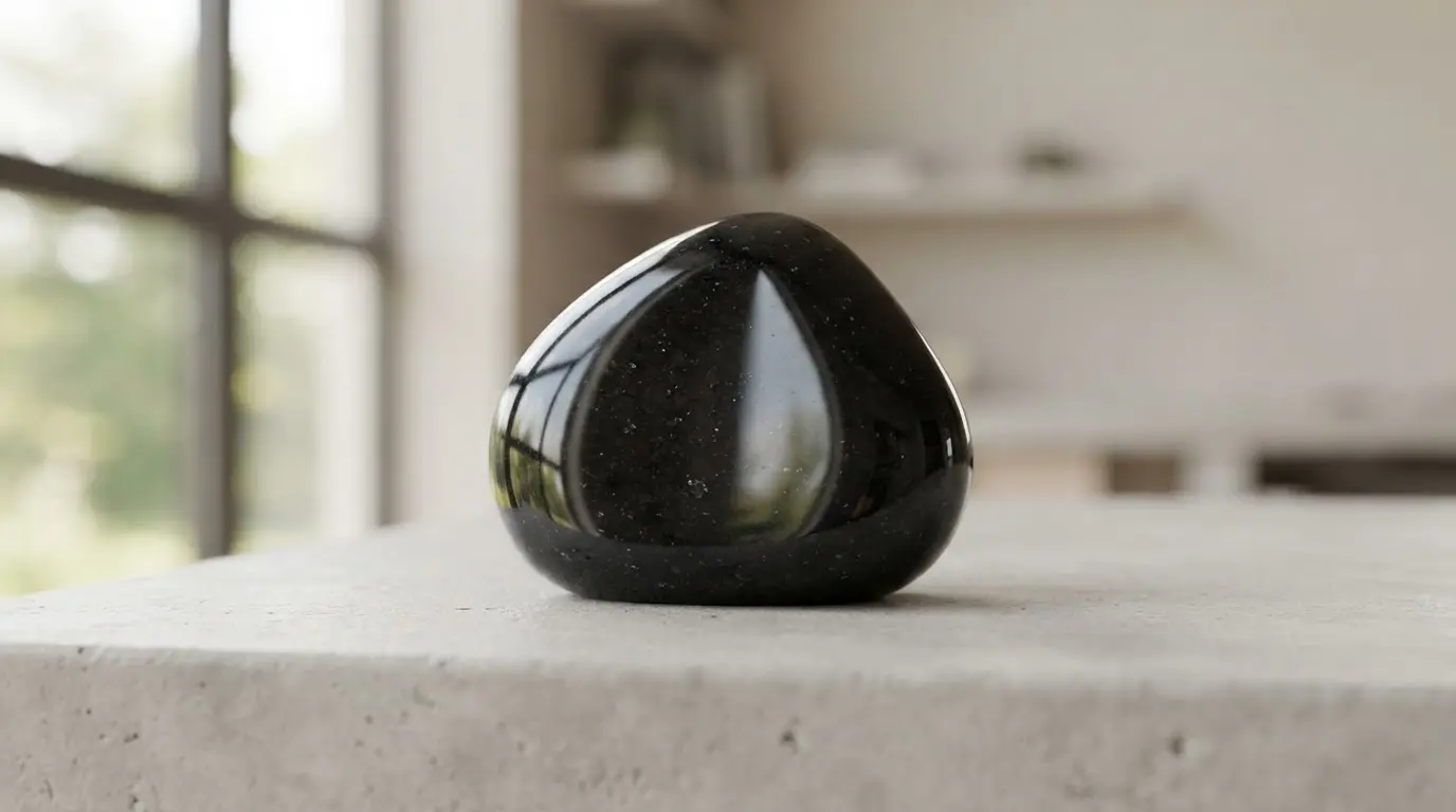 Gros plan réaliste d’une pierre naturelle polie miroir, surface brillante réfléchissant la lumière, ambiance élégante, professionnelle et minimaliste.
