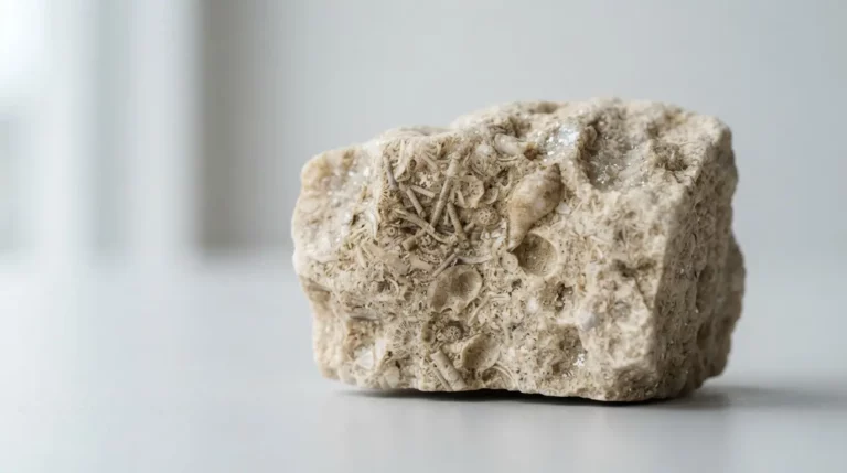 Gros plan réaliste d’une pierre calcaire beige fossile, texture naturelle, éclats subtils, ambiance professionnelle, fond neutre lumineux.