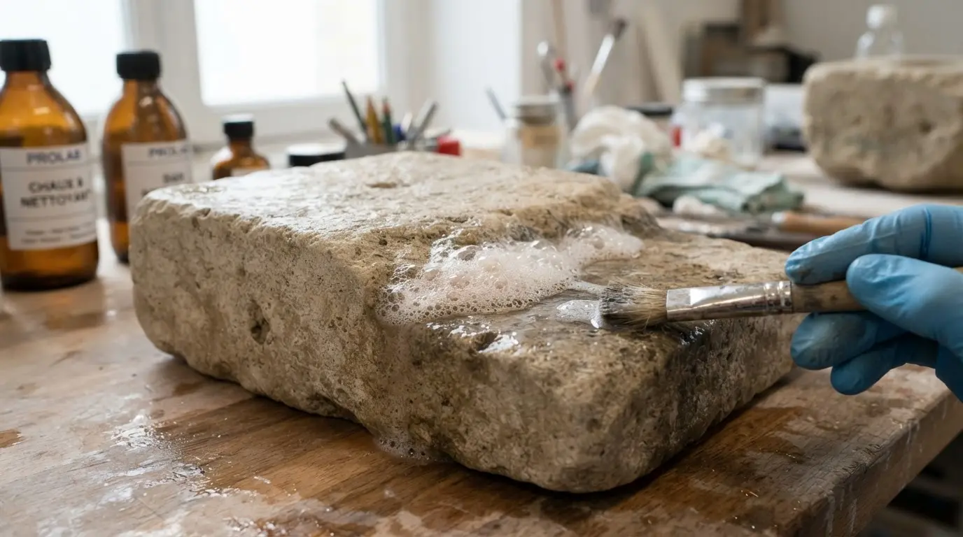 Gros plan réaliste d’une pierre calcaire en cours de traitement, avec légère mousse de réaction, éclairage naturel, ambiance professionnelle.