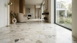Sol en terrazzo clair à grands éclats de marbre, texture élégante et raffinée, dans un intérieur moderne lumineux et sophistiqué.
