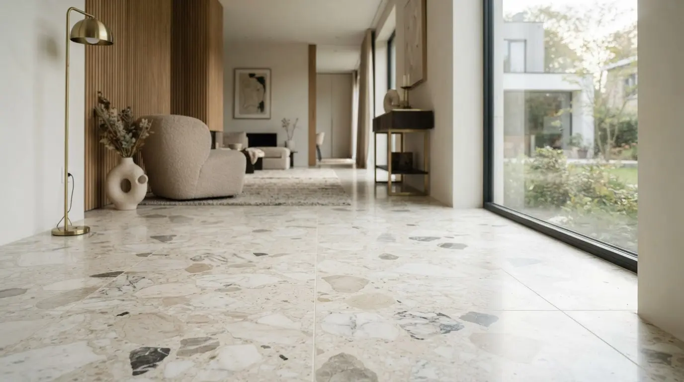 Sol en terrazzo clair à grands éclats de marbre, texture élégante et raffinée, dans un intérieur moderne lumineux et sophistiqué.