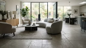 Intérieur élégant avec sol en pierre calcaire gris clair, texture naturelle, lumière douce, ambiance moderne et raffinée, rendu réaliste et professionnel.