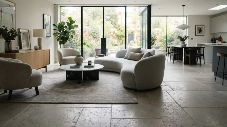 Intérieur élégant avec sol en pierre calcaire gris clair, texture naturelle, lumière douce, ambiance moderne et raffinée, rendu réaliste et professionnel.