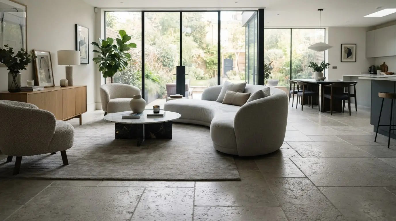 Intérieur élégant avec sol en pierre calcaire gris clair, texture naturelle, lumière douce, ambiance moderne et raffinée, rendu réaliste et professionnel.