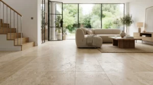 Sol en calcaire clair dans un intérieur moderne, textures naturelles, ambiance lumineuse et élégante, style professionnel et réaliste.