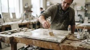 Gros plan réaliste d’un artisan appliquant un traitement sur une pierre naturelle, avec texture élégante, lumière douce et ambiance professionnelle.