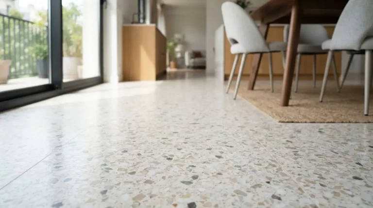 Sol en terrazzo clair à granulats de marbre, dans un intérieur rénové lumineux, ambiance moderne, élégante et réaliste, vue rapprochée.