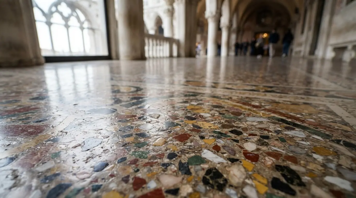 Historic Venetian terrazzo floor with colorful marble chips and a polished surface