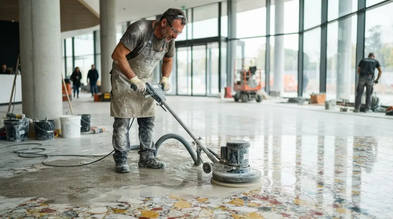 Craftsman polishing a terrazzo floor to reveal its glossy surface