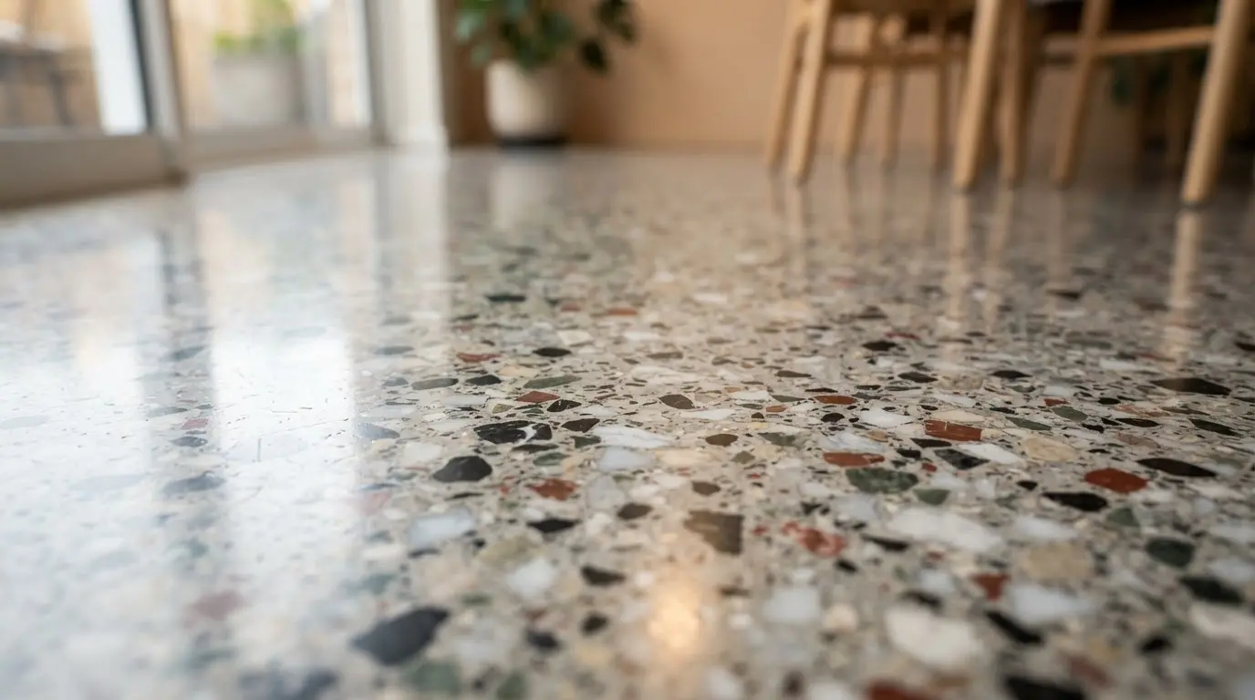 Close-up of polished terrazzo floor with marble chips and soft reflections
