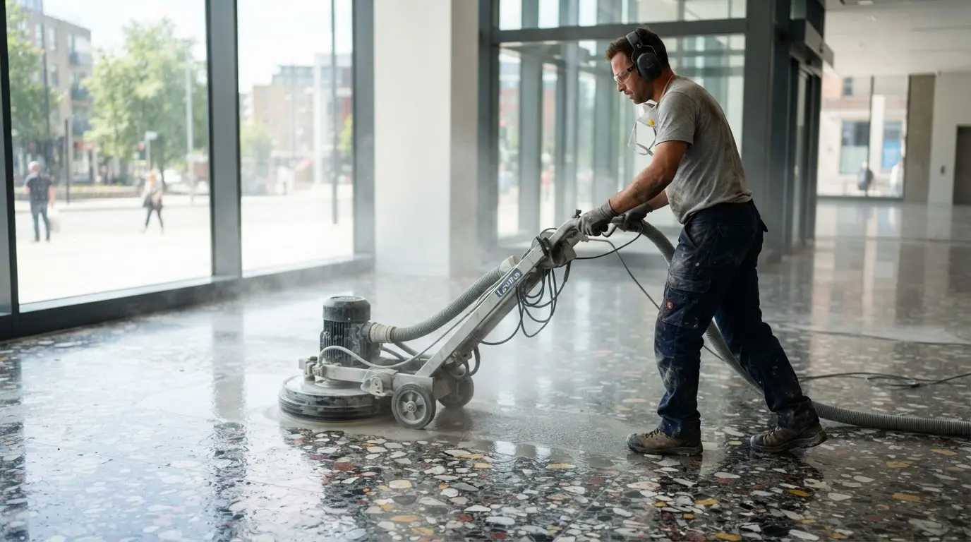 Worker polishing a terrazzo floor with a professional diamond grinding machine