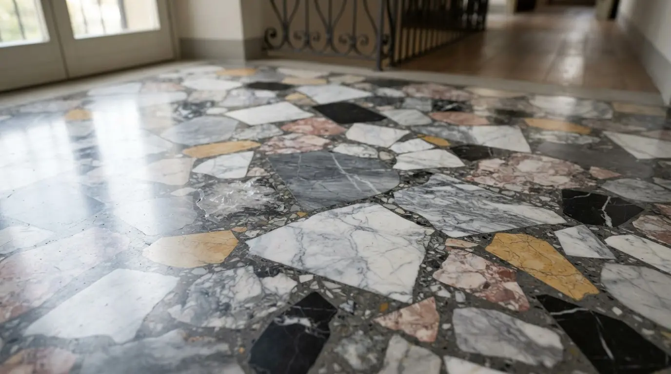 Close-up of a terrazzo palladiana floor with large irregular marble pieces and polished surface