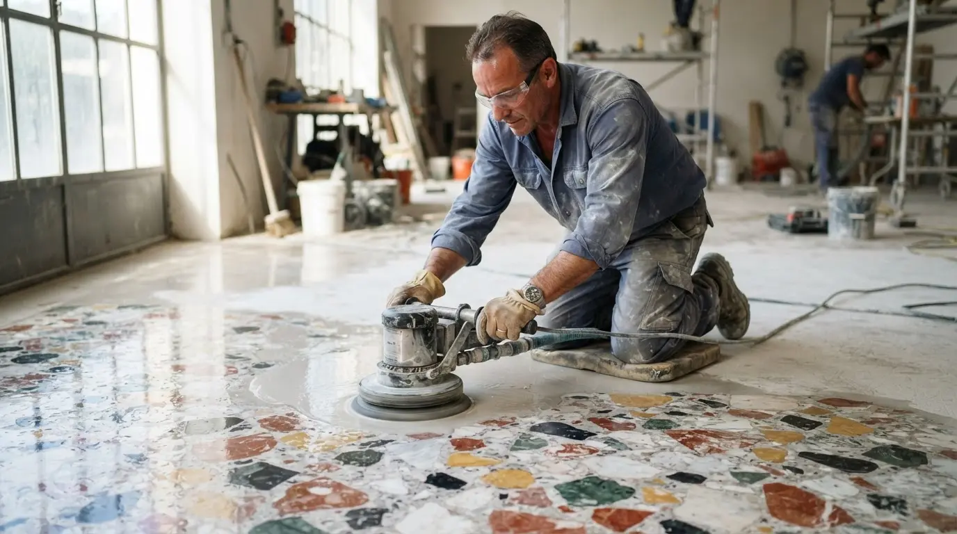 Artisan polishing a marble terrazzo surface with large fragments and a glossy finish